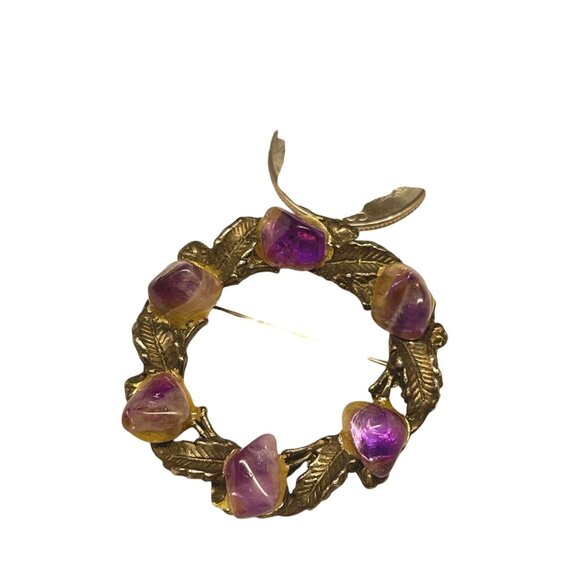 Vintage Gold-Tone Brooch With Purple Stones & Leaf Design - Picture 7 of 8